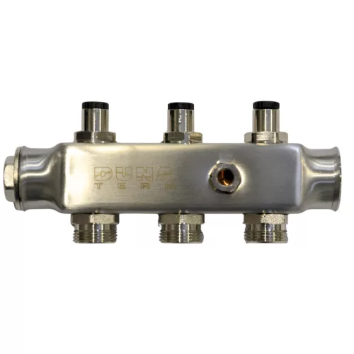 DUNATERM adapteres beépített szelepes osztótest 1" 3 körös 3/4" INOX (vizes)