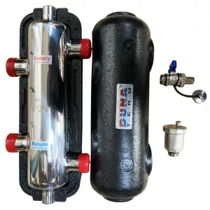 DUNATERM hidraulikus váltó, szigetelt, inox. légtelenítővel és ürítővel DN25 1"